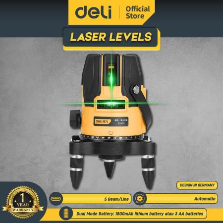 Deli Laser Level Garis 5-Line Tahan Air/Debu Laser Hijau 360° DL4163