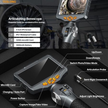 Artikulasi Borescope Teslong 5 Inci IPS Video Kamera Inspeksi